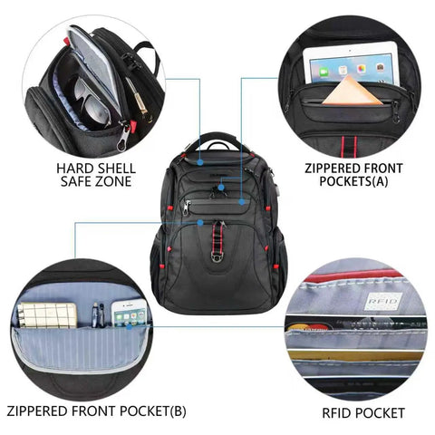 Travel Laptop Backpack 17.3 Inch TSA Friendly Daypack with multiple zippered and RFID pockets, safe zones, black.