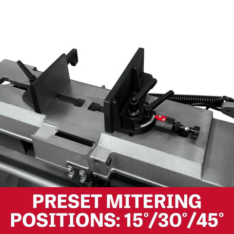 Deluxe 7 By 12 Inch Metal Cutting Band Saw With Horizontal And Vertical Capability, 3/4 HP, 115 And 230 Volt, Single Phase, Toolless Quick Lock Vise With Preset 15 30 And 45 Degree Miter Positions, Large 9 By 12 Infeed Table, Flanged Cast Iron Wheels