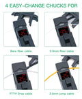 Four changeable chucks for Heavy Duty Fiber Optic Identifier Break Checker With Audible Alarm, supporting various fiber types.