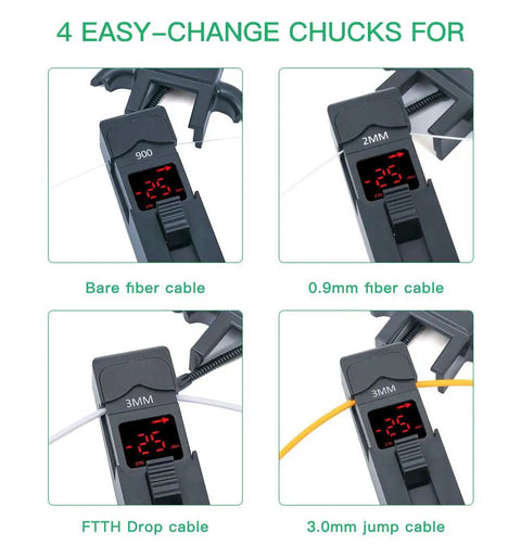 Four changeable chucks for Heavy Duty Fiber Optic Identifier Break Checker With Audible Alarm, supporting various fiber types.