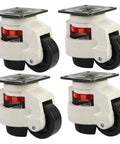 Built Tough Four Piece Heavy Duty Swivel Casters With Height Adjustable Leveling Brackets And Grip Tight Nylon Rollers For Garage Workbenches And Shop Tool Storage, featuring nylon roller wheels and steel mounts.