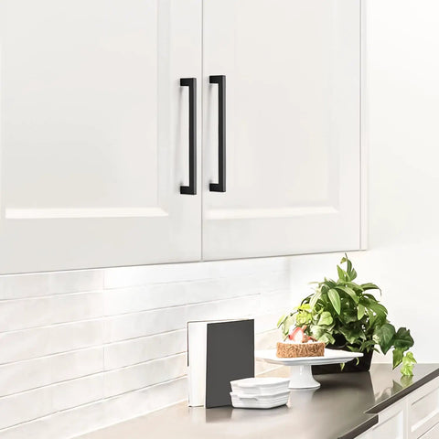 Black Cabinet Pulls for Kitchen Square Stainless Steel Drawer Handles 10 Inch Hole Center on white cabinets