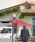 Wireless Solar Outdoor Security Cam With PTZ AI Motion Detection And Two Way Audio mounted on wall above staircase