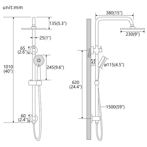 Diagram of J350 BN Brushed Nickel Retrofit Shower System With 3 Function Handheld Showerhead Kit showing dimensions and components.