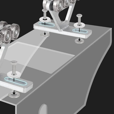 Close-up of Heavy Duty 6 Wheel Trolley Assembly For Electric Hoist With Super Deep Groove Ball Bearings on struts.