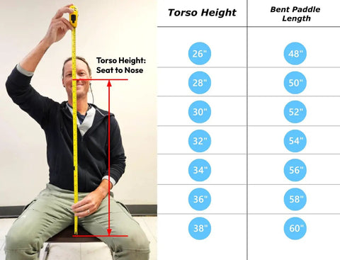 Person demonstrating torso height measurement for selecting Beat Aluminum Canoe Paddle with 8 Degree Bent Blade size.