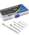 All In One 340 Piece Six Sizes 304 Stainless Steel Cotter Pin Clip Assortment Kit For Automotive Mechanics Car Garage Power Equipment Cars Trucks Lawn Mower Small Engine Repair Must Have For Pros kit with open box and pins displayed