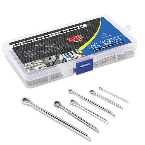 All In One 340 Piece Six Sizes 304 Stainless Steel Cotter Pin Clip Assortment Kit For Automotive Mechanics Car Garage Power Equipment Cars Trucks Lawn Mower Small Engine Repair Must Have For Pros kit with open box and pins displayed