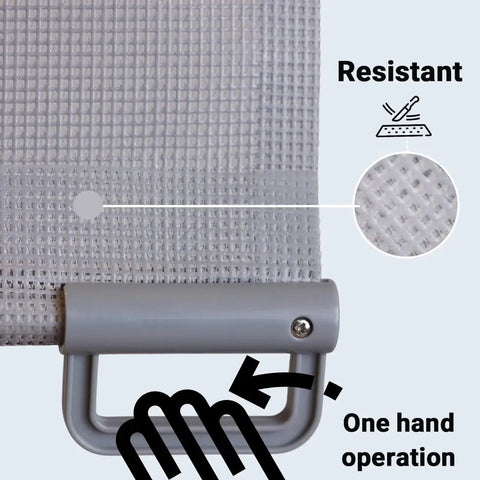 Close-up of Extra Wide 72 Inch Retractable Baby Gate For Kids And Pets With Self Closing, mesh texture and handle detail.