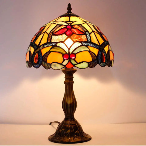 Orange Stained Glass Flower Tiffany Style Table Lamp For Reading Desk And Bedside Use 12 Inch Wide Shade 18 Inch Tall With Antique