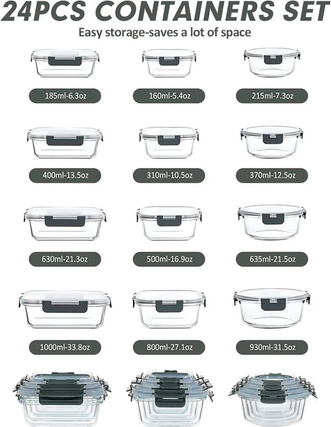 12 Pack Glass Food Storage Containers Set With Airtight Lids Borosilicate Glass Meal Prep Containers For Grab And Go Microwave Oven Freezer And Dishwasher BPA Free Gray showing various sizes with lids