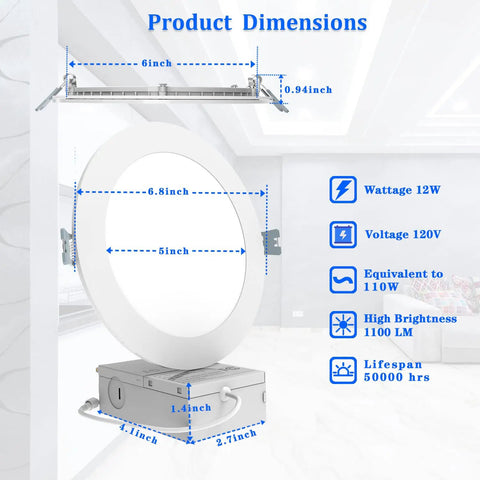 Product dimensions of Six Inch LED Recessed Light Kit Pack Of 12 Ultra Thin 5000K Canless Downlights with Junction Box.