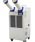 Built Tough Portable Air Conditioner With Bulky 14L Tank And Easy Roll Caster Wheels For Heavy Duty Spot Cooling In Warehouses Workshops And Clinics 110V 1800W Mobile Cooler Rig with dual exhaust ports.