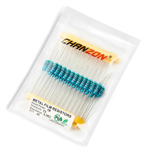 Chanzon 50pcs blue metal-film through-hole resistors, 5.1kΩ, 1W, ±1% tolerance, RoHS