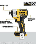 Dewalt 20V MAX XR Brushless drill features brushless motor, precision drive, 3 speed settings, and bright LED lights.