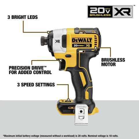 Dewalt 20V MAX XR Brushless drill features brushless motor, precision drive, 3 speed settings, and bright LED lights.