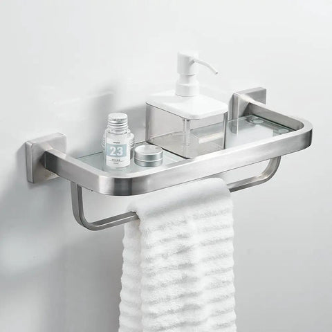 Heavy Duty Glass Bathroom Shelf With Towel Bar And Rail Wall Mount Storage Rack Stainless Steel SUS304 Brushed Nickel Finish