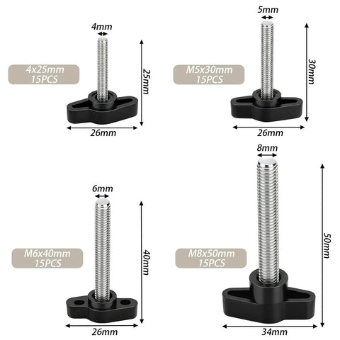 Solid 60 Piece Thumb Screws Assortment With Ergonomic Wing Knobs showing various sizes and dimensions of threaded screws for quick assembly.