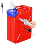 Nitigo electric fuel transfer pump with auto-stop; blue unit on red plastic gas can, 72-inch hose, white nozzle