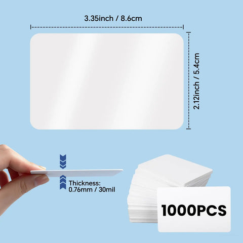 Top Shelf 1000 Pack Blank CR80 PVC ID Cards, Thick 30 Mil White Plastic Credit Card Size Swipes displayed with dimensions and thickness