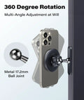 Gym Ready Magnetic Phone Holder With Alloy Base And Ball Joint Attaches To Metal Surfaces Dual Magnetic Mount For MagSafe iPhone 12 13 14 15 16 17 And Android With Metal Ring Secure Grip shown in 360-degree rotation mode.