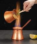 Two Turkish Coffee Pot 330ml Vintage Copper Coffee Maker With Ergonomic Handle Stovetop Go-To Brew Pot For Milk on fire