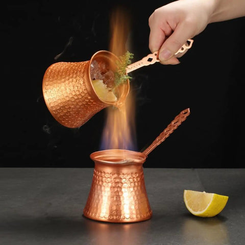 Two Turkish Coffee Pot 330ml Vintage Copper Coffee Maker With Ergonomic Handle Stovetop Go-To Brew Pot For Milk on fire