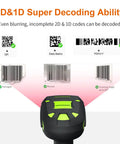 Built Tough Rugged 2D Wireless Barcode Scanner With Charging Dock Bluetooth Drop Resistant Industrial Scanner showing decoding capability of QR and 1D codes