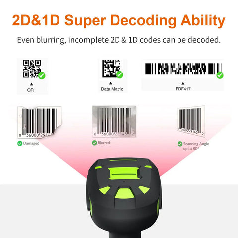 Built Tough Rugged 2D Wireless Barcode Scanner With Charging Dock Bluetooth Drop Resistant Industrial Scanner showing decoding capability of QR and 1D codes