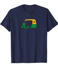 Fresh Auto Rickshaw Graphic Tee Shirt Lightweight Black Cotton Top Classic Fit Double Needle Hem shown on navy background.