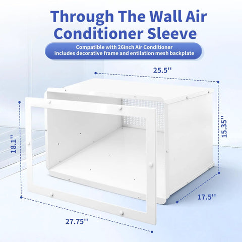 26 Inch PTAC Wall Sleeve for Through the Wall Air Conditioner with decorative frame and ventilation mesh backplate, dimensions labeled