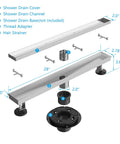 Exploded view of 28 Inch Tile Insert Linear Shower Drain in Brushed Nickel 304 Stainless Steel with components labeled.