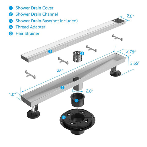 Exploded view of 28 Inch Tile Insert Linear Shower Drain in Brushed Nickel 304 Stainless Steel with components labeled.