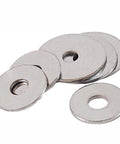 Stainless Steel Flat Washer Set For M10 And M12 Bolts Pro Grade Shim And Spacer Kit With Variety Pack Of Outer Diameters From Ultra Thin One Point Two Millimeter To Four Millimeter Thick Ideal For Automotive Machinery And DIY Projects. stacked stainless steel flat washers for M10 and M12 bolts