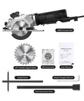 Professional Handheld Electric Circular Saw Featuring Quick Set Cutting Guide And High Torque Copper Motor Slams Right Through Plywood Tile And Plastic Pipes With Dead Steady 3500 Rpm Speed showing 480W model and accessories.