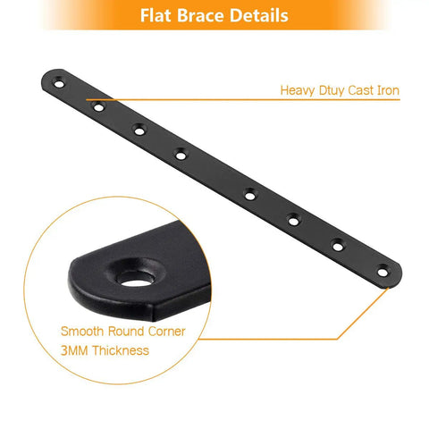 Heavy Duty Black Mending Plates 10 Inch Straight Steel Braces for Rock Solid Wood Repair, showcasing smooth edges and pre-drilled holes.