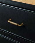 Antique Brass Cabinet Pulls Set, Solid Zinc Alloy Drawer Handles on black wood drawer, Old School Retro Tapered Style Kitchen Hardware