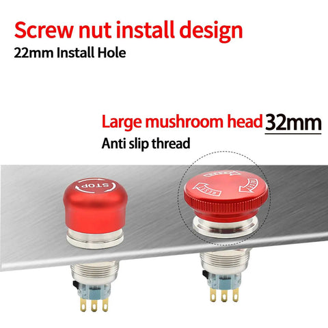 22mm Latching Emergency Stop Push Button Switch SPDT Normally Open Normally Closed Stainless Steel 304 with large mushroom head
