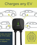 Hardwired Level 2 EV Charger 48 Amp Indoor Outdoor Car Charging Station With 18 Foot Cable Black Ready To Plug And Go For All EVs SAE J1772 Electric Vehicle Now in front of car outlines.