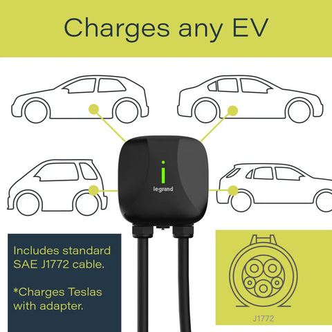 Hardwired Level 2 EV Charger 48 Amp Indoor Outdoor Car Charging Station With 18 Foot Cable Black Ready To Plug And Go For All EVs SAE J1772 Electric Vehicle Now in front of car outlines.