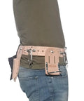 Person wearing Heavy Duty Leather Scaffold Tool Belt 2 Inch Wide Fits 44 To 54 Inch Waist Pronged Roller Buckle Reinforced Stitching