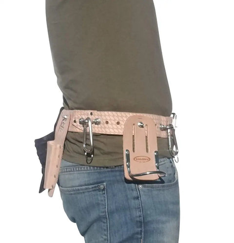 Person wearing Heavy Duty Leather Scaffold Tool Belt 2 Inch Wide Fits 44 To 54 Inch Waist Pronged Roller Buckle Reinforced Stitching