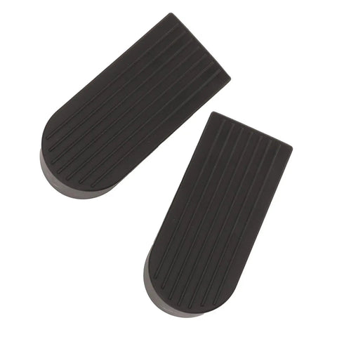 Two black flexible durable door stoppers for bottom of door, large with anti slip skid resistant wearproof floor protection quiet collision free security stop for home office and hallways.