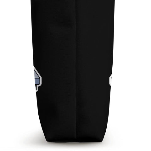 Cool Halloween Skeleton Dj Turntable Tote Bag For Music Lovers Spooky Skull Design side view with black fabric material and graphic.