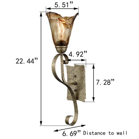 Rustic Wall Sconce Vanity Light With Amber Glow Glass Shade For Bathroom, Living Room, Hallway And Staircase with dimensions