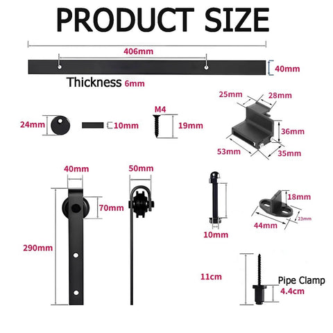 External Carbon Steel Barn Door Sliding Rail Kit With Handle And Latch, Single Leaf, 63 Inch Track, technical dimensions.