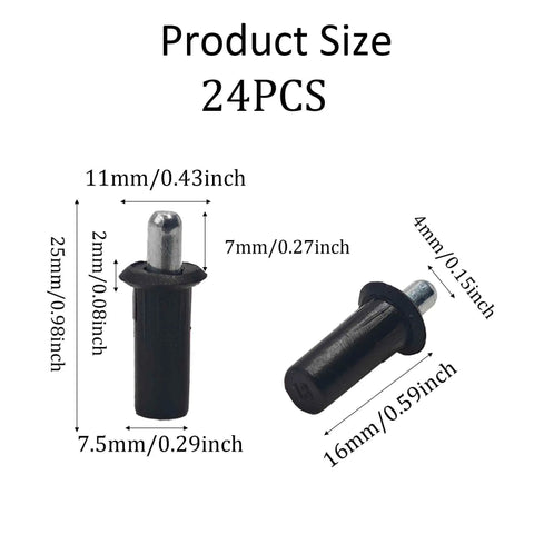 Built Tough Spring Loaded Cabinet Door Repair Pins With Iron Core, Black Plastic Damper Replacement Fittings For Telescopic Panels And Blinds, 24 Pack Quick No Sweat Furniture Fix Kit, size chart showing dimensions.