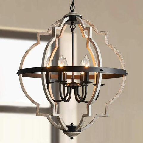 Six-Light Globe Farmhouse Chandelier In Black Metal With White Distressed Wood Finish, rustic vintage ceiling light