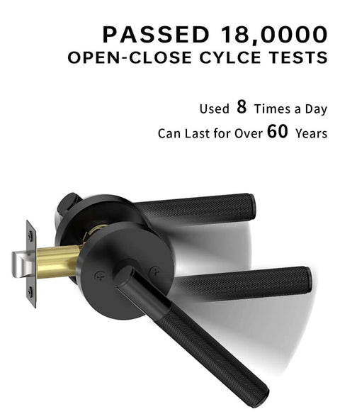 One Pack Keyless Passage Door Handle Lever For Indoor Use, heavy duty black, showing durability test results.
