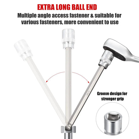 Three Eighths Inch Drive Long Ball End Hex Socket Set, Twenty Piece SAE And Metric Allen Bits with multiple angle access